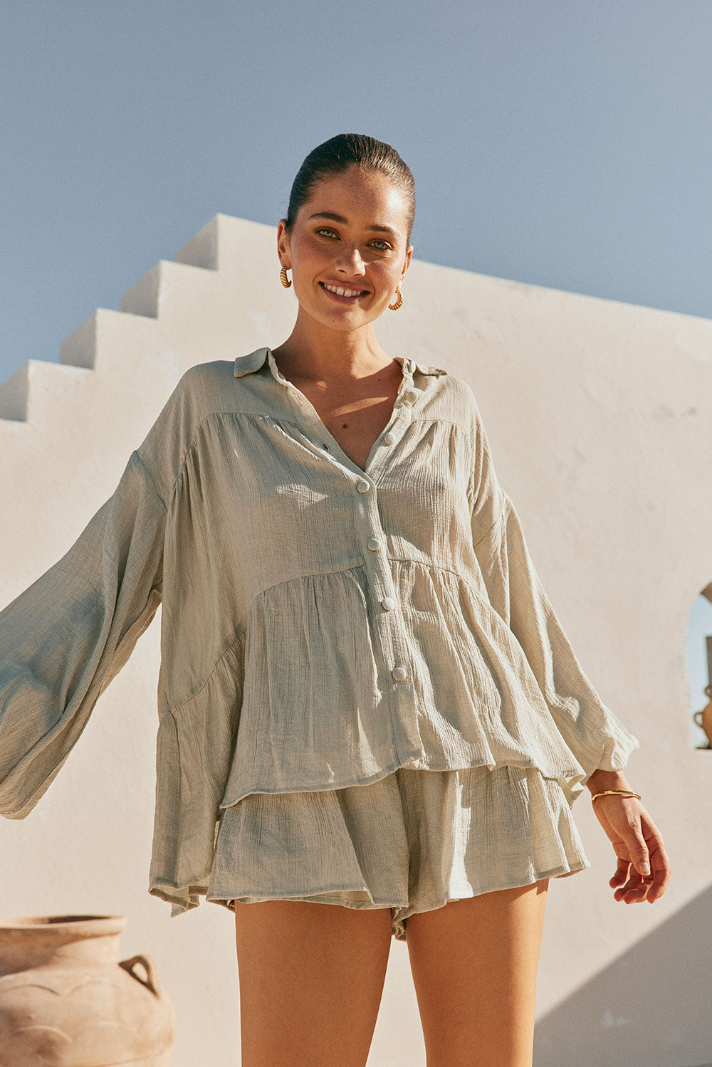 Soft Sage Lightweight Crepe Rayon Blend Huxley Top for Weekends