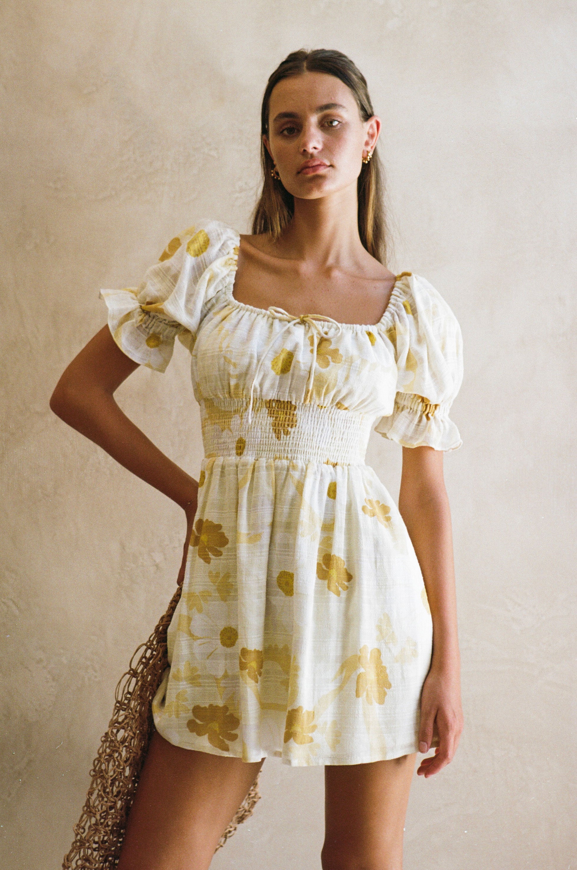 Floral Alena Dress - High - quality Natural Textured Cotton