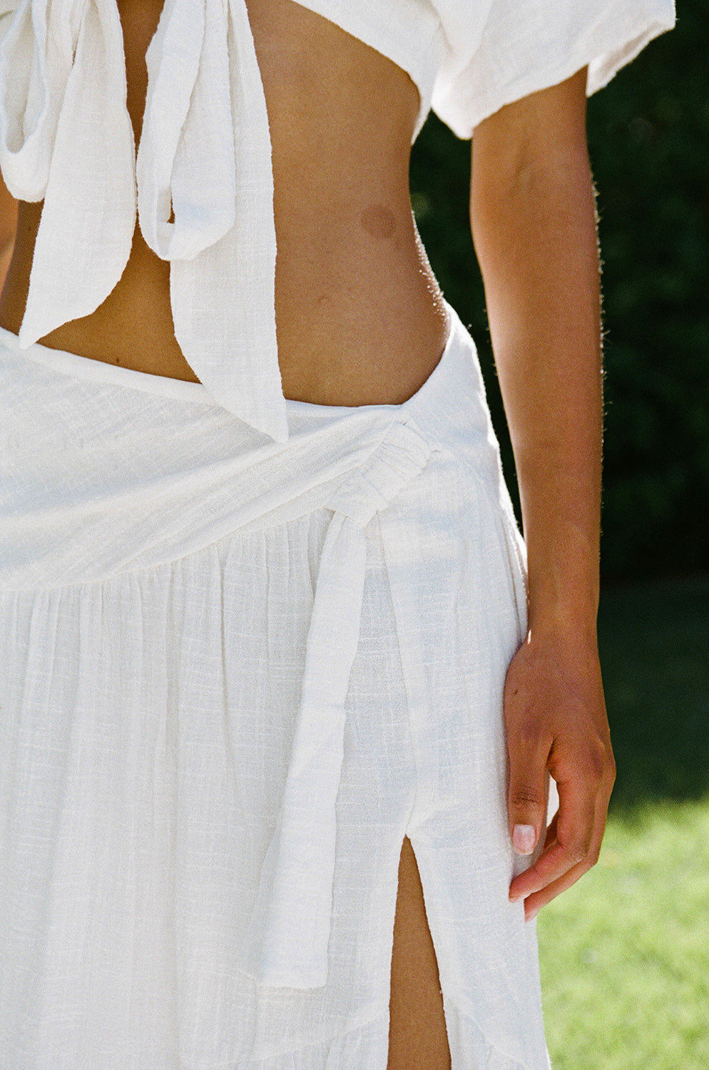 Pearla Women's Vacation White Natural Raw Cotton Asymmetric Mid - rise Waist Draped Tie Maxi Skirt