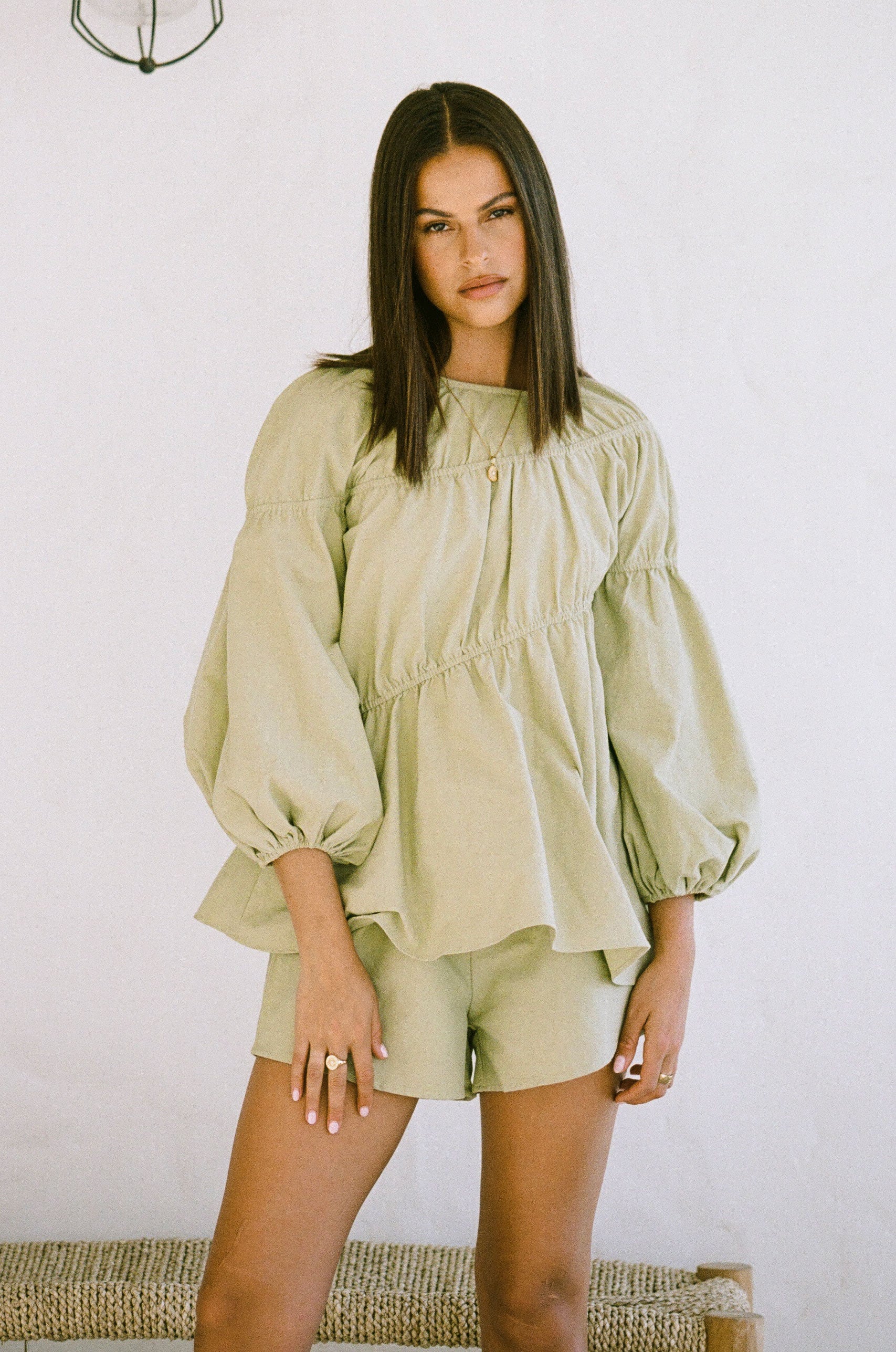 Sabo's Exclusive Creamy Khaki Akel Relaxed Cotton Top with Puff Sleeves