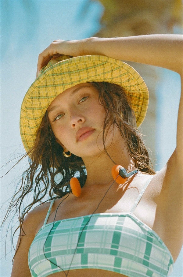 Stretchy Exclusive Check Print Verde Bandeau Top with Gold Details