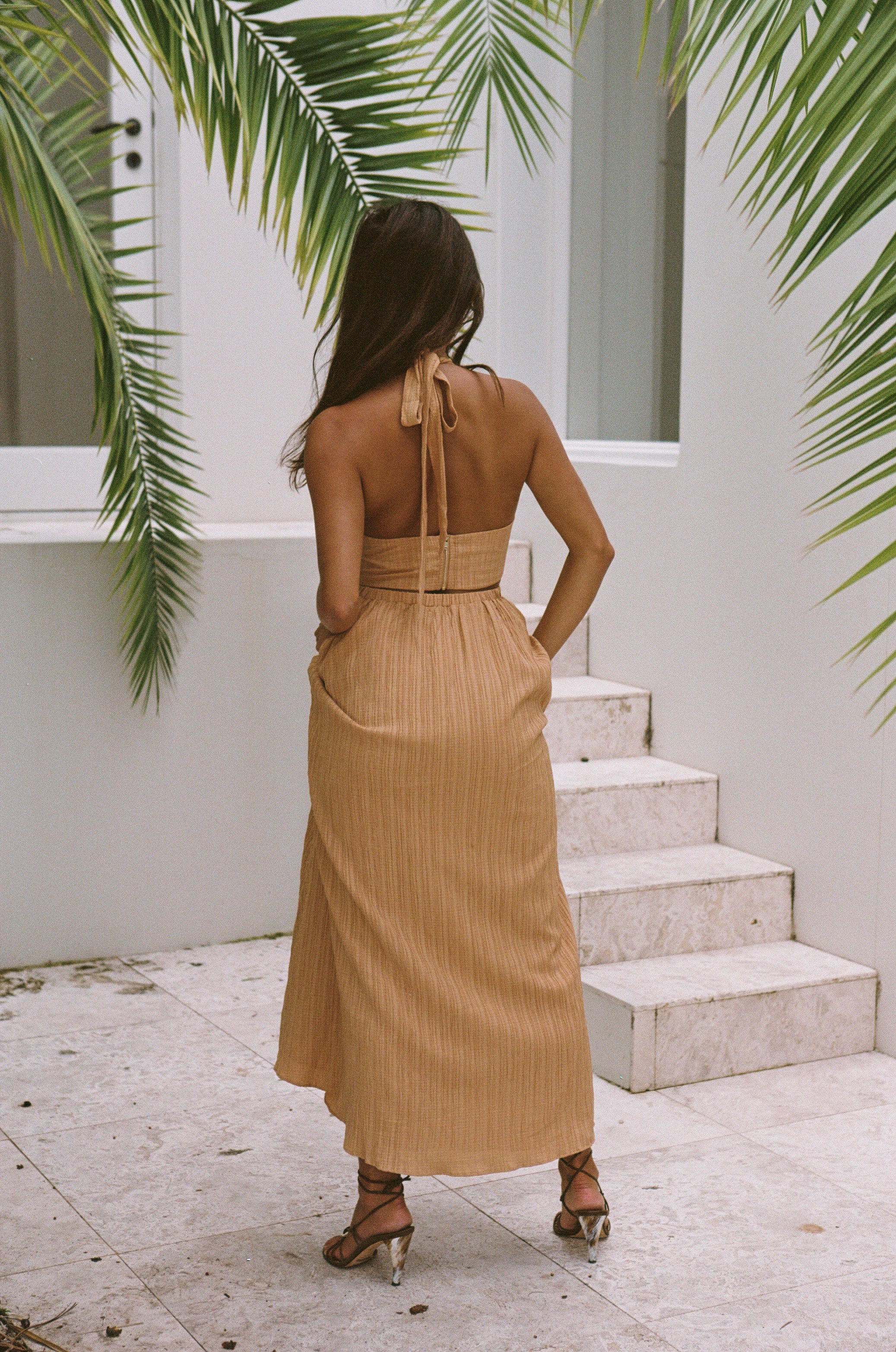 Exclusively Designed Orange Textured Crepe-Feel Olsen Midi Dress