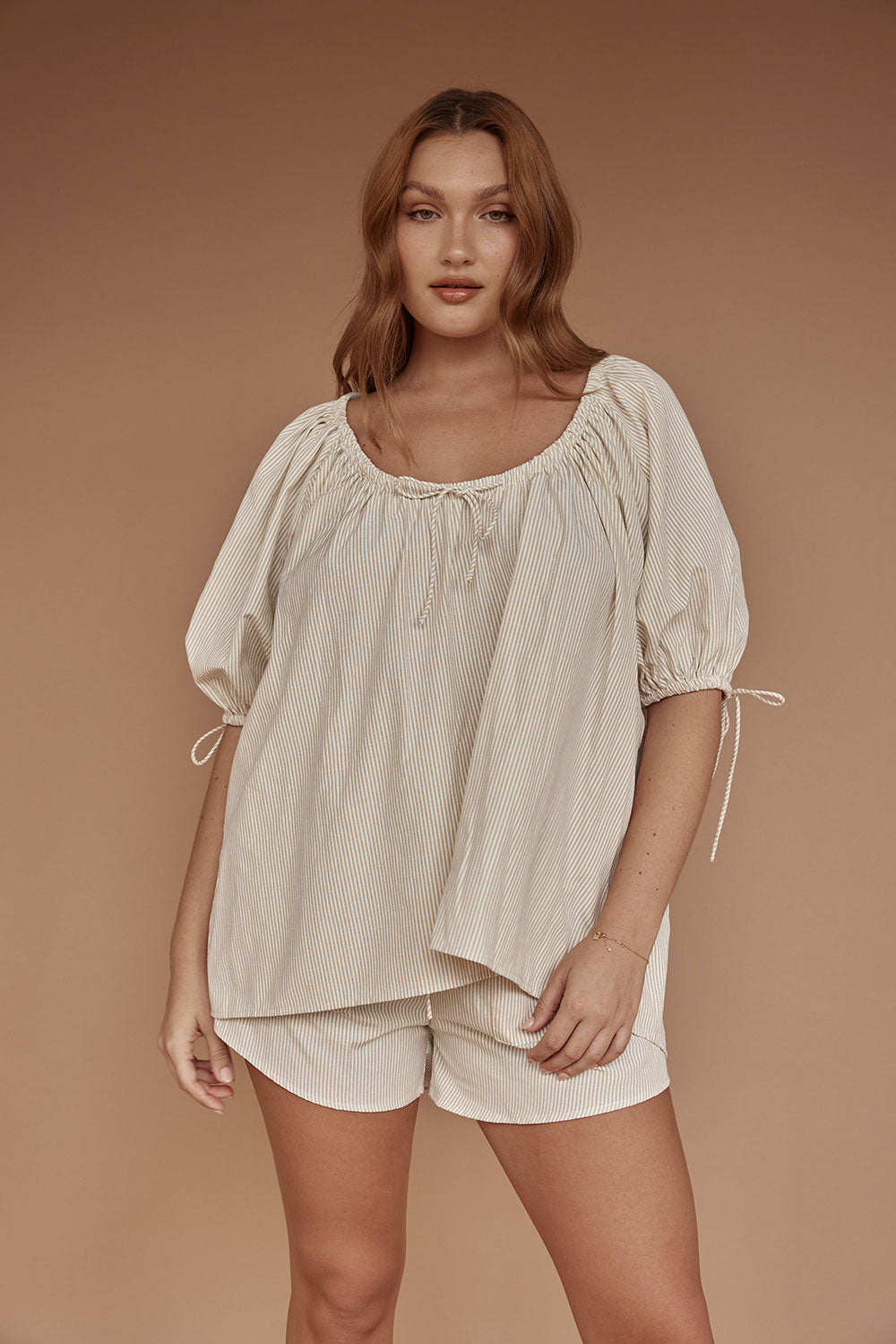 Fashionable Women's Aubree Beige Cotton Stripe Top