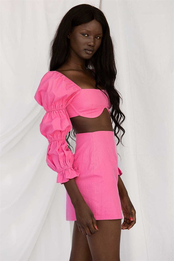 Vibrant Pink Natural Cotton - Linen Blend High - Waisted Jade Skirt