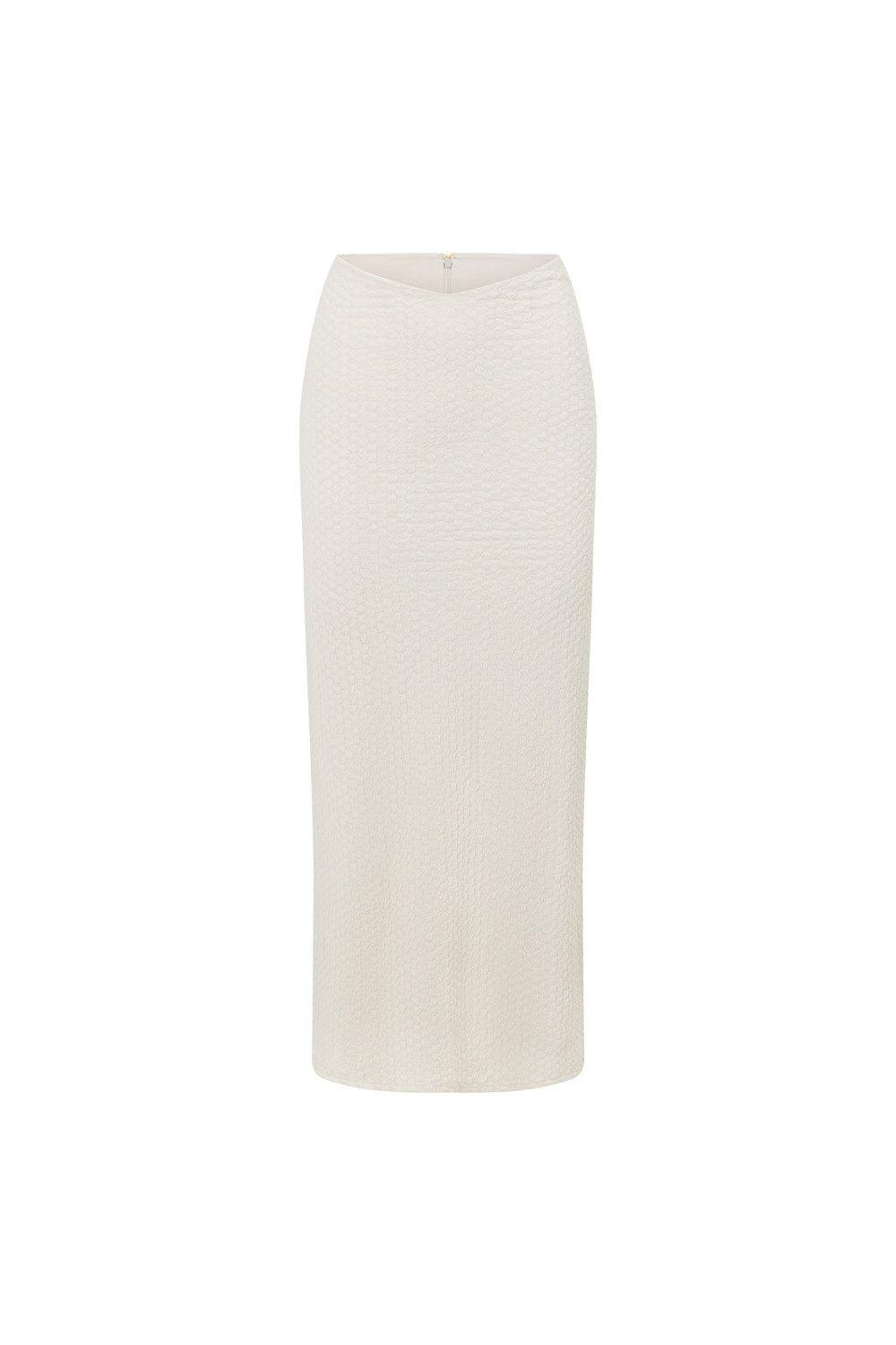 90s-Inspired Dusty Cream Textured Bubble Fabric High Waisted Maiden Midi Skirt