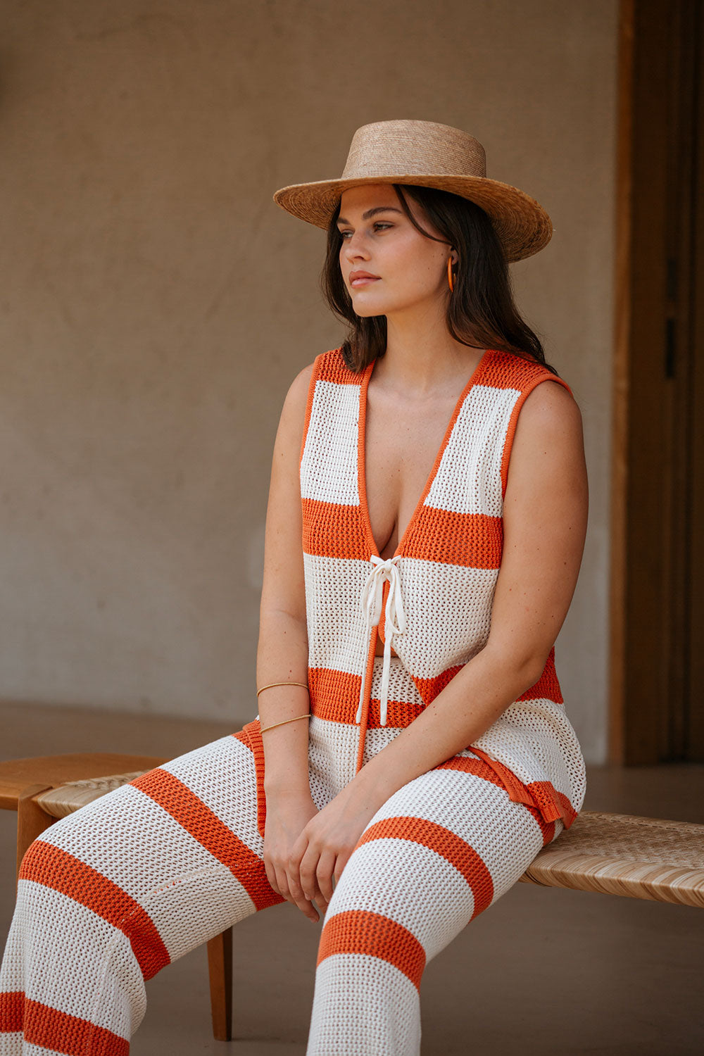 Exclusive Sabo Designed Cream and Burnt Orange Loose Cotton Knit Women's Nantes Top
