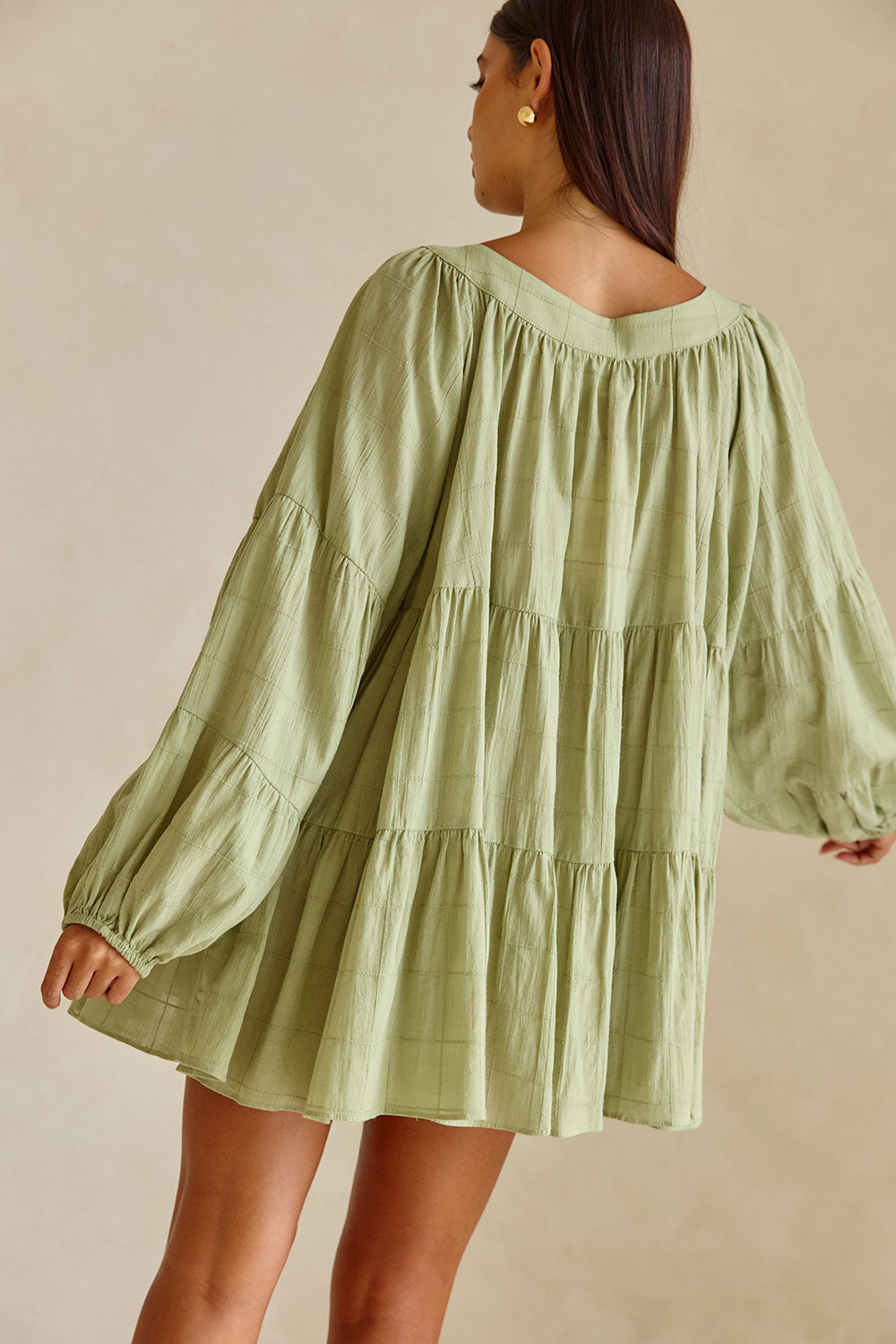 Soft Green Natural Cotton Self Check Stylish Mini East Dress
