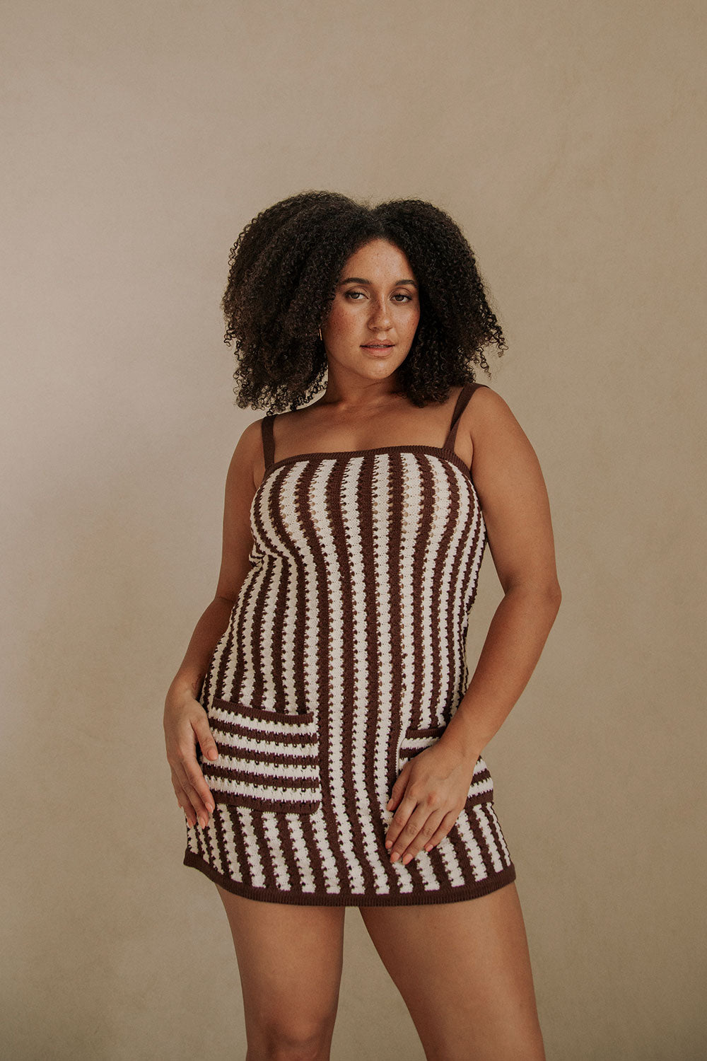 Vintage-Inspired Syd Cotton Blend Knit Mini Dress with Contrast Bind Trims and Twin Pockets
