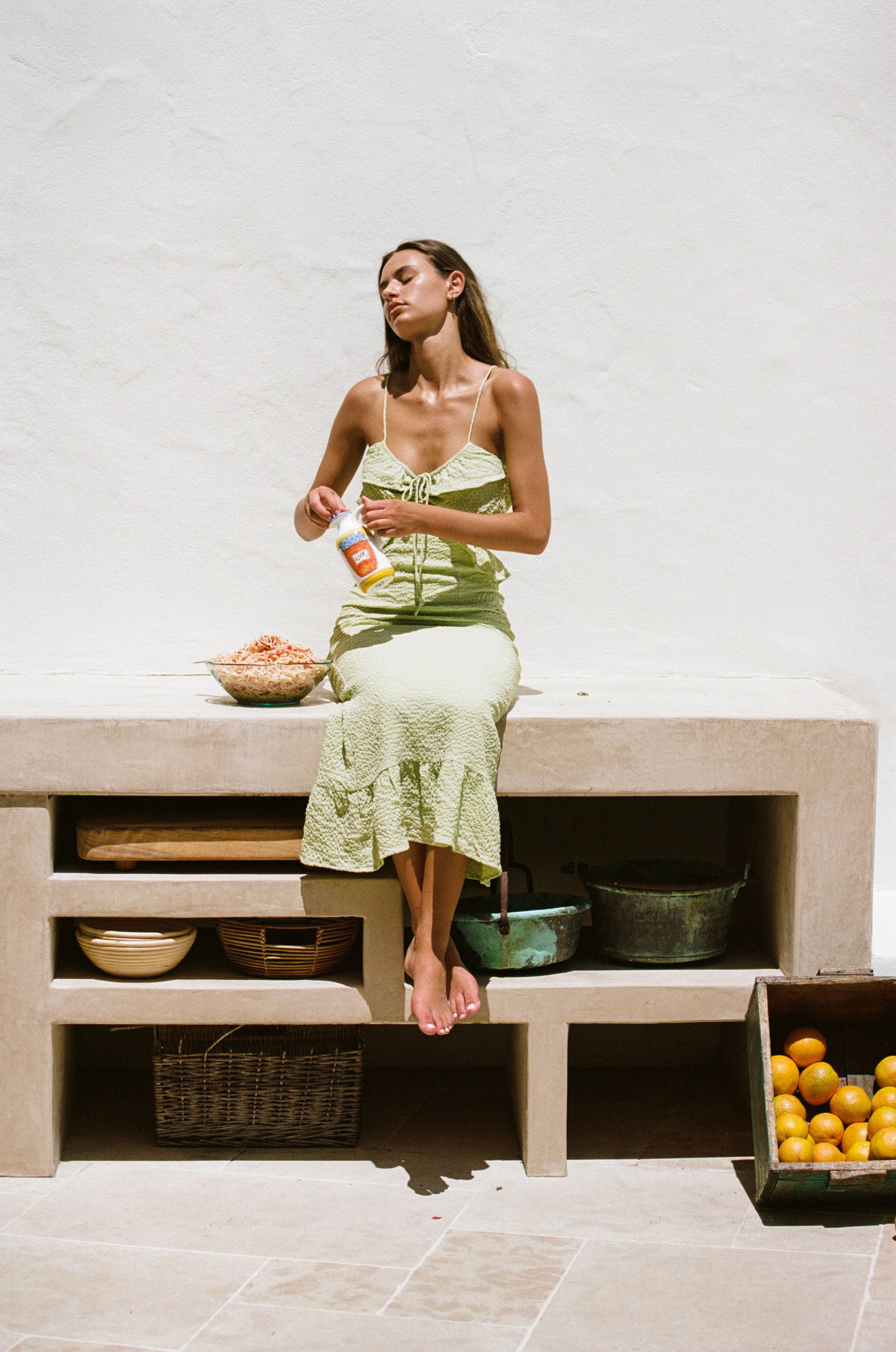Stunning Green Textured Bubble Fabric Junelle Midi Dress with Frills