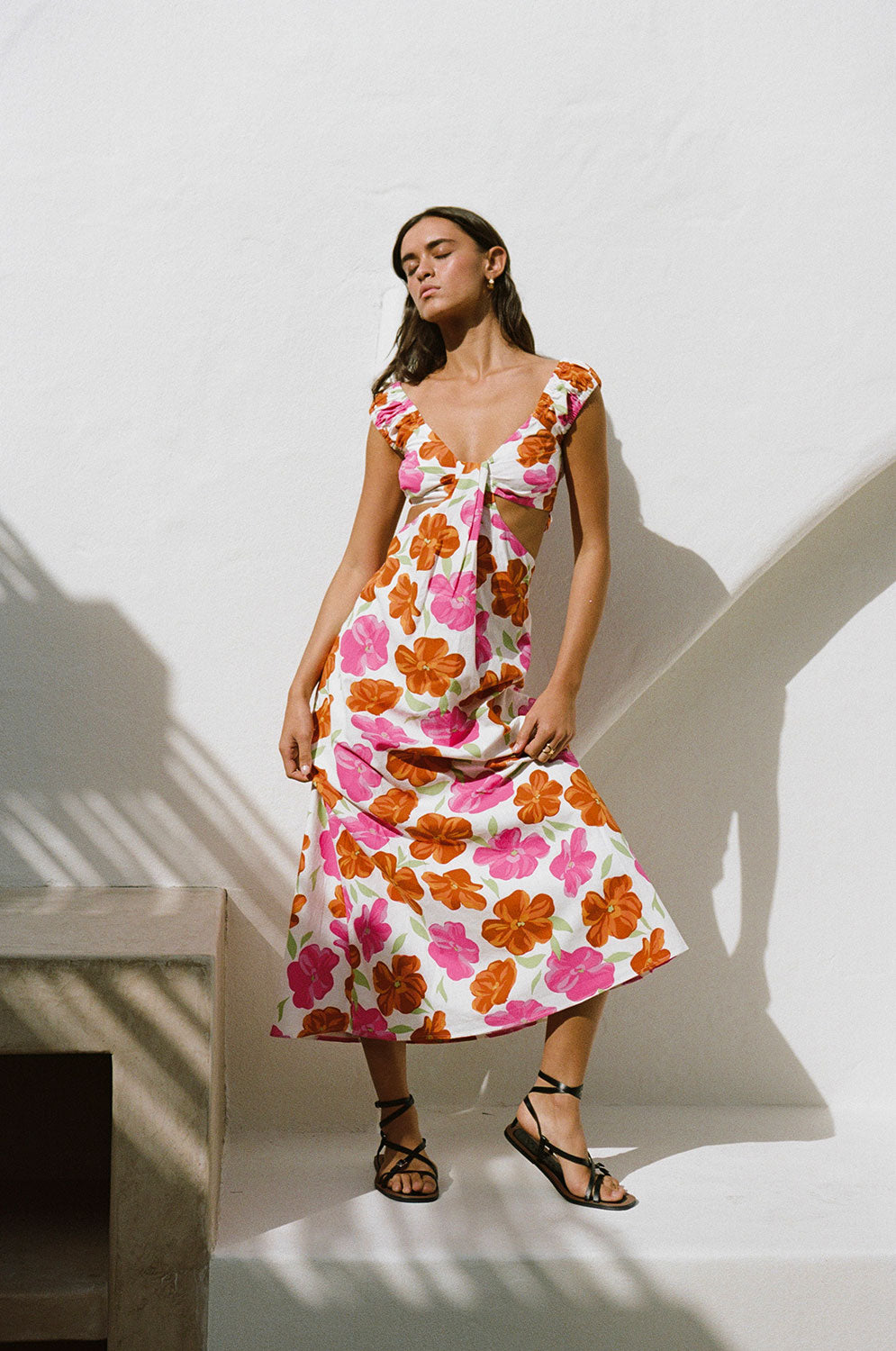 Exclusive Rosa Fill Printed High - Quality Natural Cotton Kameliya Midi Dress