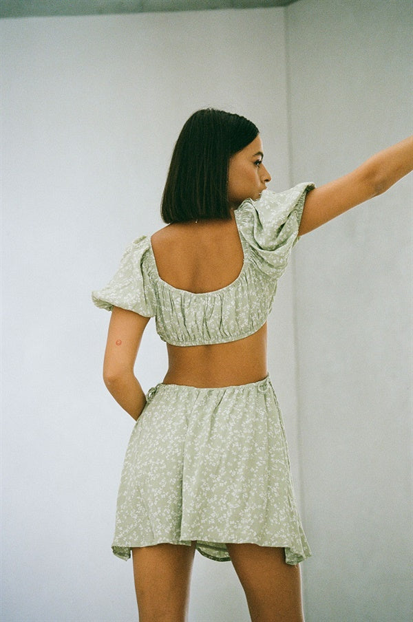 Moss Green Floral Eilish Dress with Cutout and Puff Sleeves