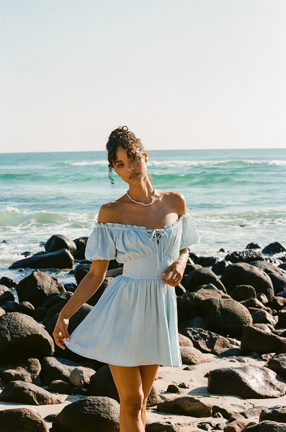 Blue Nyrobi Off - Shoulder Dress with Puff Sleeves and Corset Waist