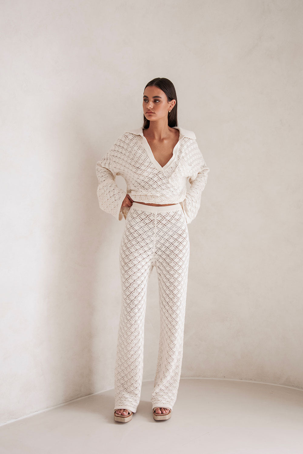 Light Cream Semi - Sheer Natural Cotton Pointelle Knit High - Waisted Jaimie Pants