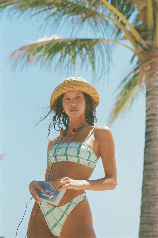 Stretchy Exclusive Check Print Verde Bandeau Top with Gold Details