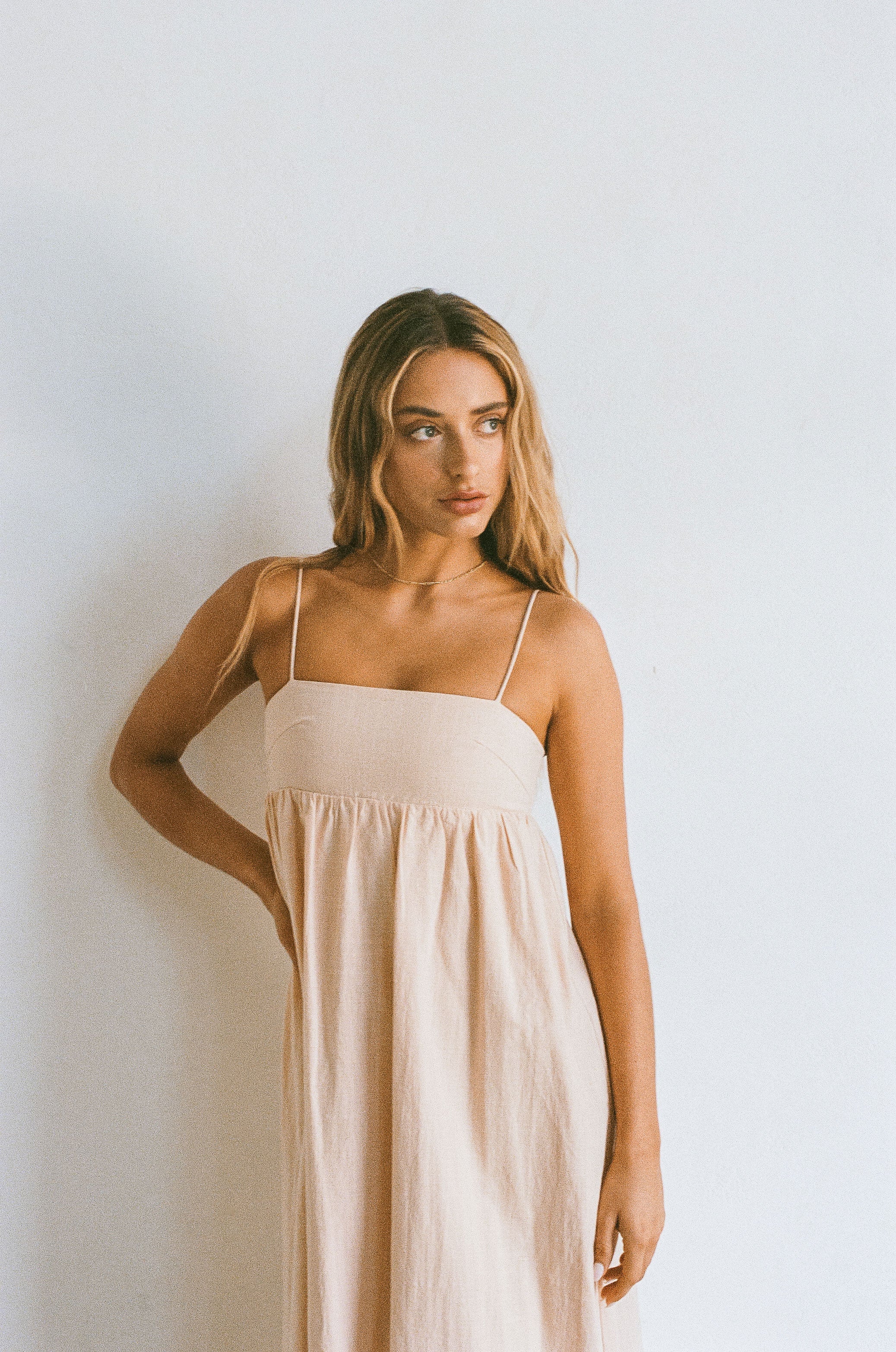 Stylish Tan Azaria Dress with Flowy Skirt and Thin Straps