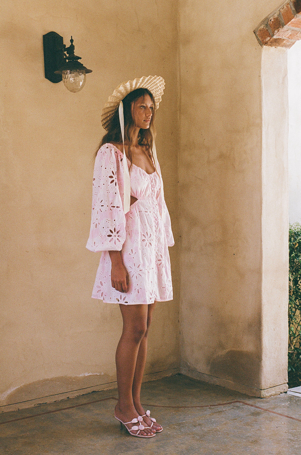 SABO LUXE Exclusive Pink Smudge Bloom Print High - Quality Cotton Broderie Eros Women's Dress