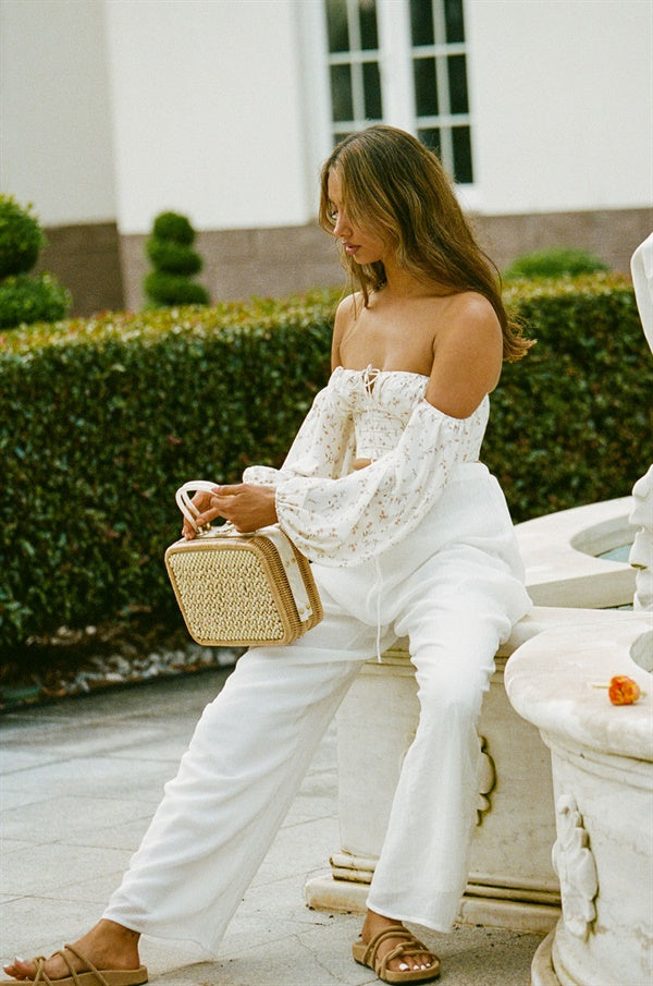 Lightweight Cream Floral Print Cropped Diazo Top with Puff Off Shoulder Sleeves