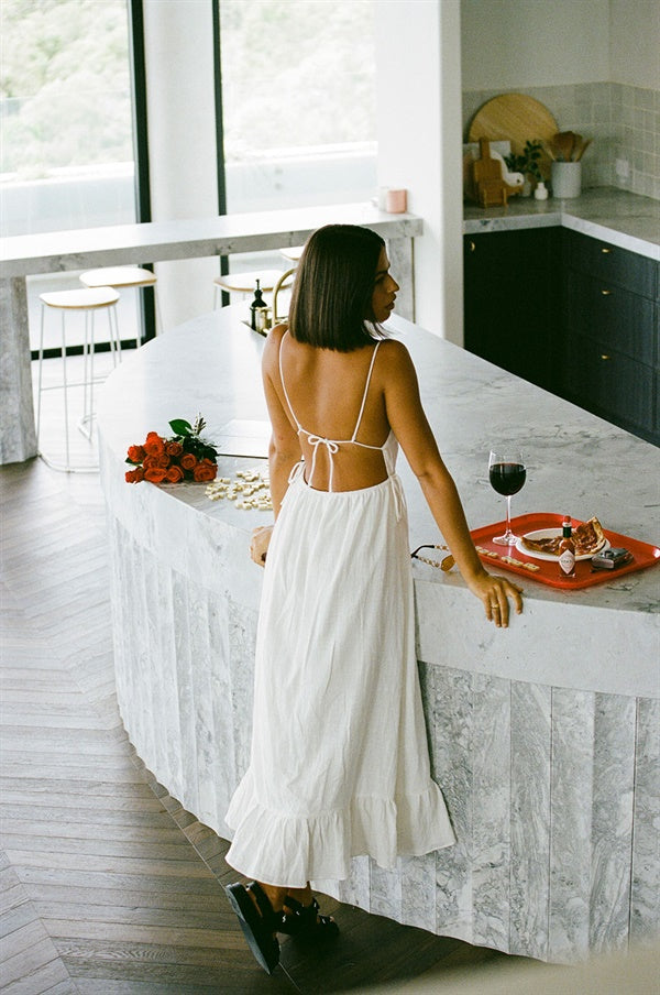 Ellidy Off-White Natural Cotton Midi Dress with Open Back and Flouncy Skirt