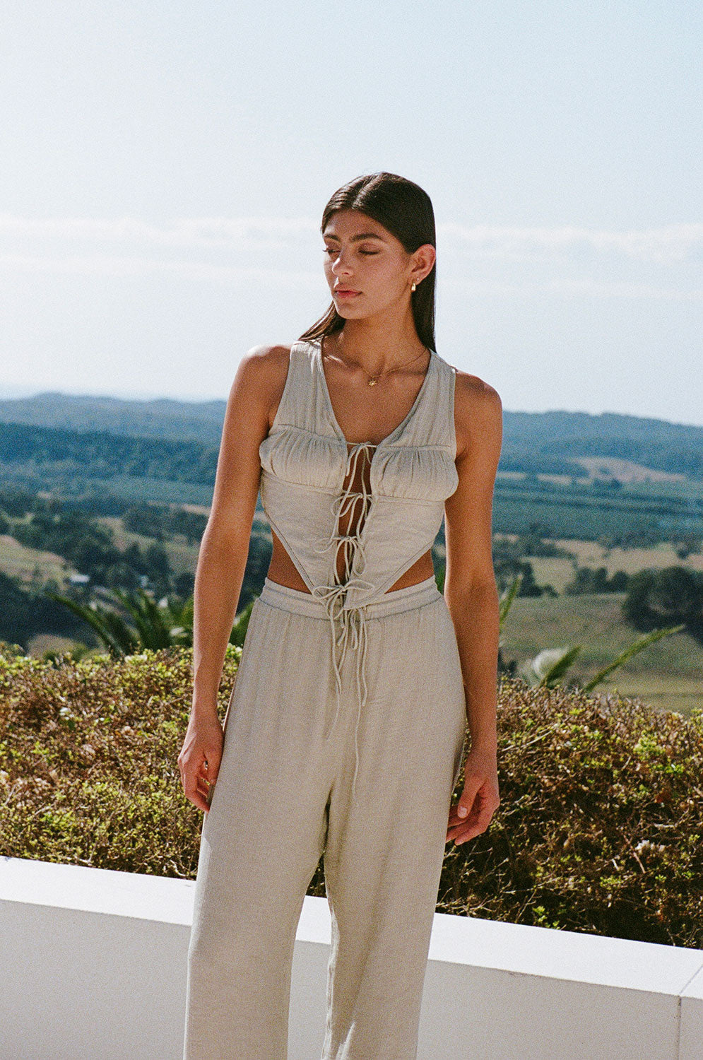 Stylish Henley Grey Taupe High - Waisted Wide - Leg Pants