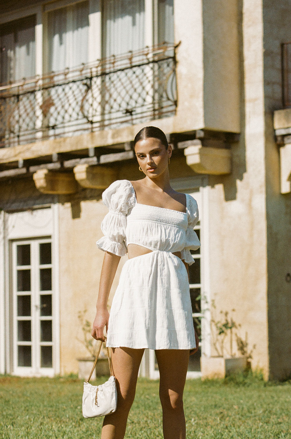 Women's White Textured Natural Cotton Blend Xena Cutout Party Dress