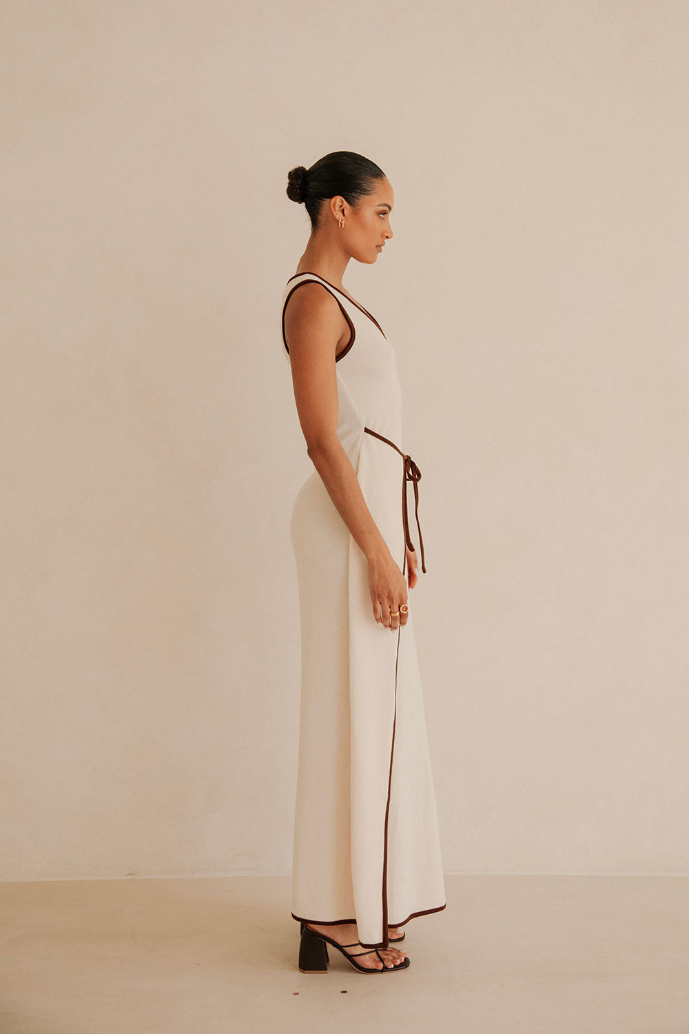 Elegant Creamy Beige Jazmin Maxi Dress with Brown Bind Details