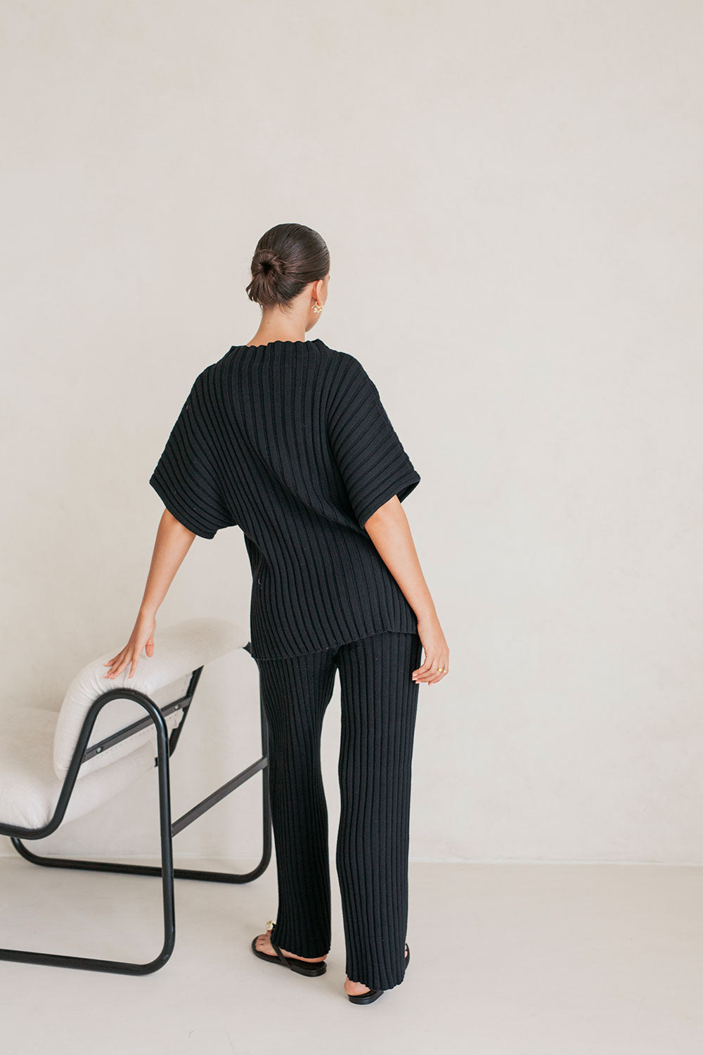 Stylish Black Ribbed Cotton Celine Pants with High Elastic Waist