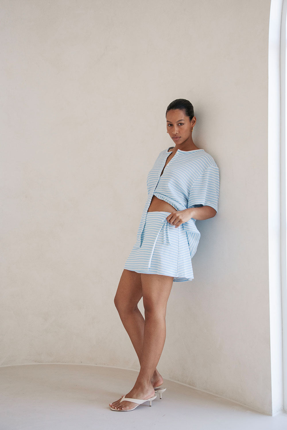 Sabo's Exclusively Designed Lightweight Knitted Baby Blue & White Striped Mini Wrap High-Waist Cassie Skirt