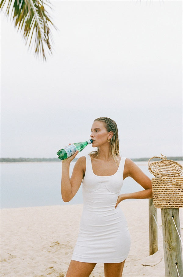 Exclusively Designed Off-White Ribbed Cotton Blend Matia Dress