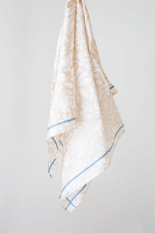 Silky Beige Winter Scarf with Blue Trims and Floral Print