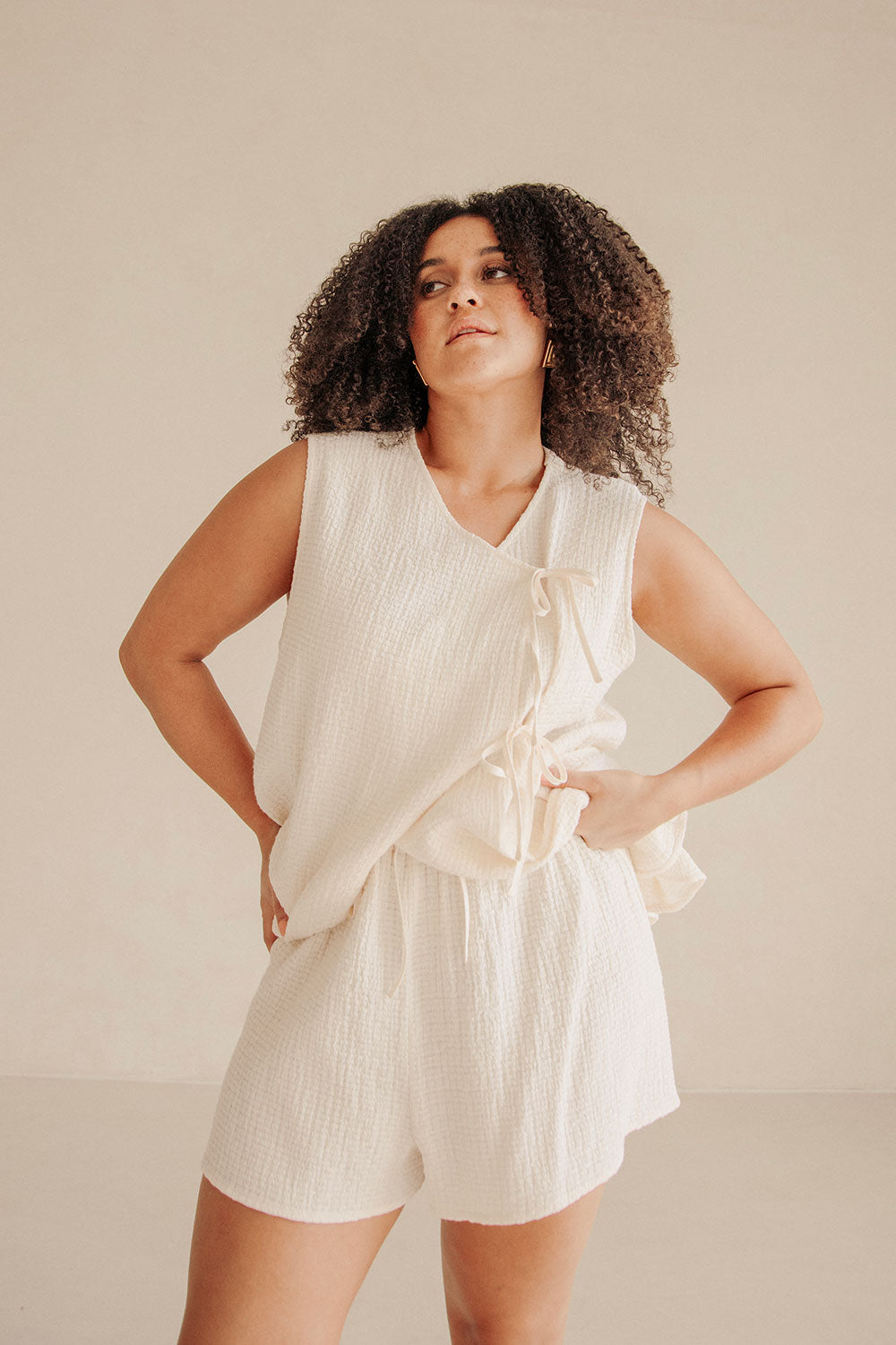 Sabo's Exclusive Cream High - Waisted Textured Cotton Ciel Shorts