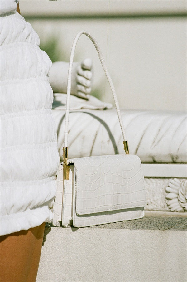 Stylish White Vegan Croc Skin Milana Handbag for Dressy Occasions