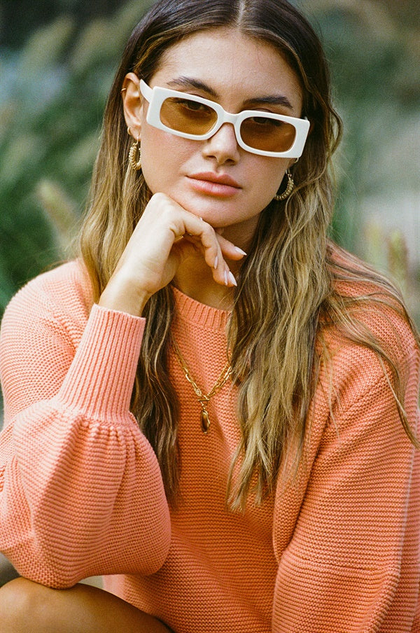Soft Natural Cotton Dusty Orange Sunset Knit Top with Puff Sleeves