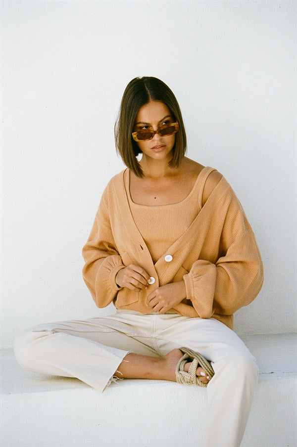 Evalia Cardigan - Tan with Full - Length Puff Sleeves
