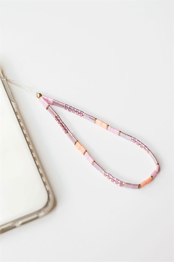 Stylish Warm Beaded Phone Charm with Geo Pink, Purple, Orange and Grey Detailing
