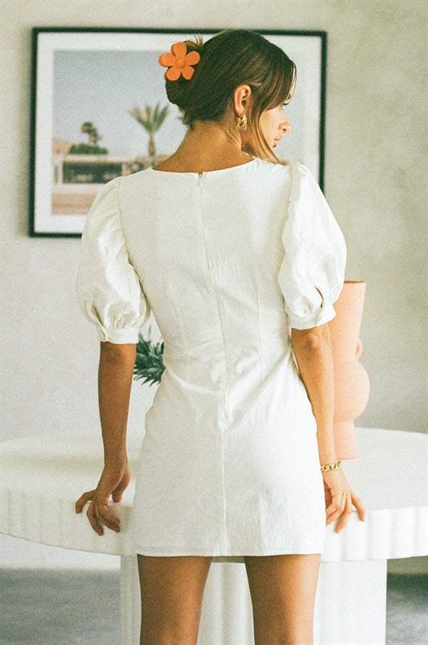 Elegant White Alma Dress with Lace - Up and Puff Sleeves