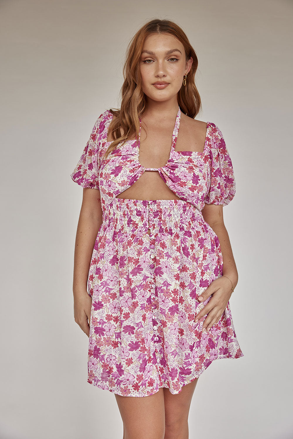 Exquisite Andie Halter Dress with Exclusive Purple Haze Floral Print