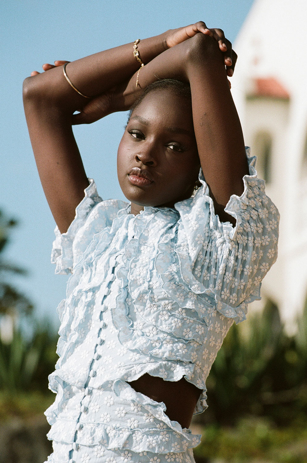 Blue Cotton Mini Cilia Dress with White Embroidered Flowers