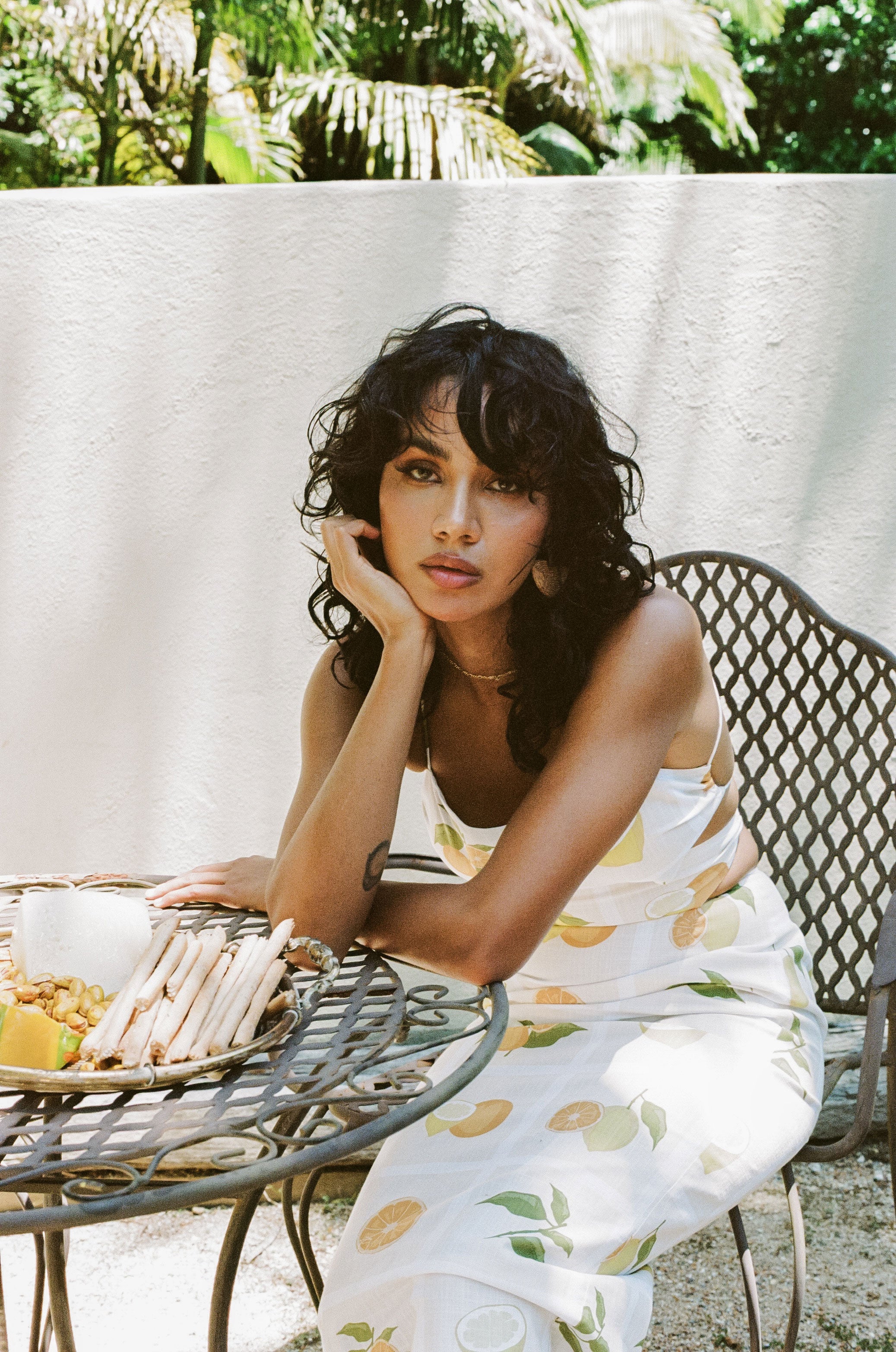 Exclusive Cream-Hued Arion Midi Dress with Citrus Print and White Checks