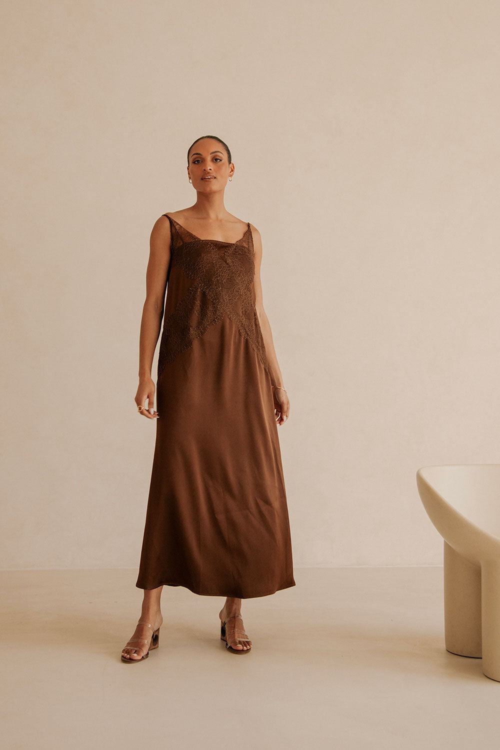 Exquisite Chocolate Brown Strapless Lace-Overlay A-Line Maxi Aelin Dress