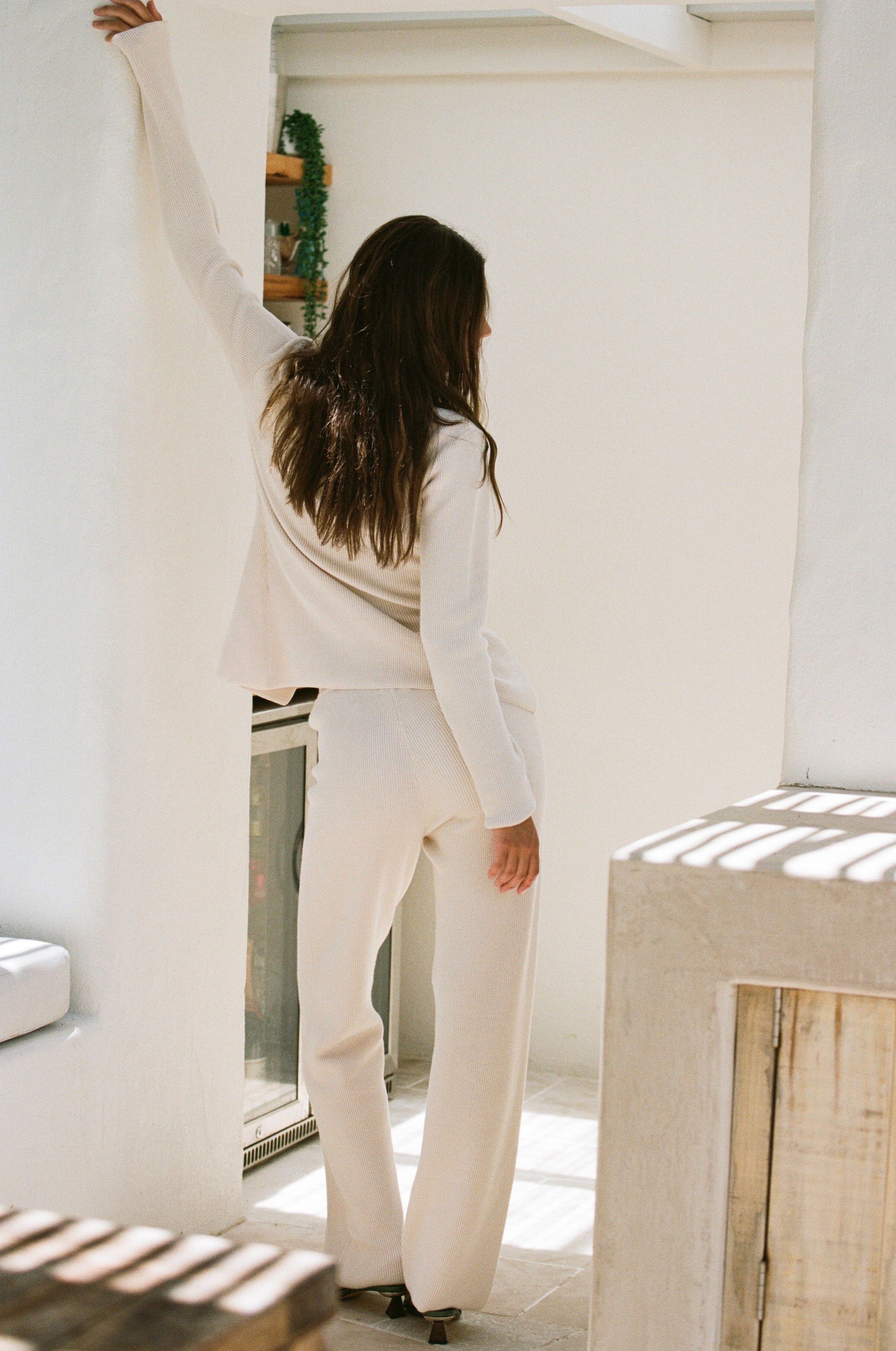 Elegant Cream Soft Ribbed Knitted High Waisted Etsumi Pants