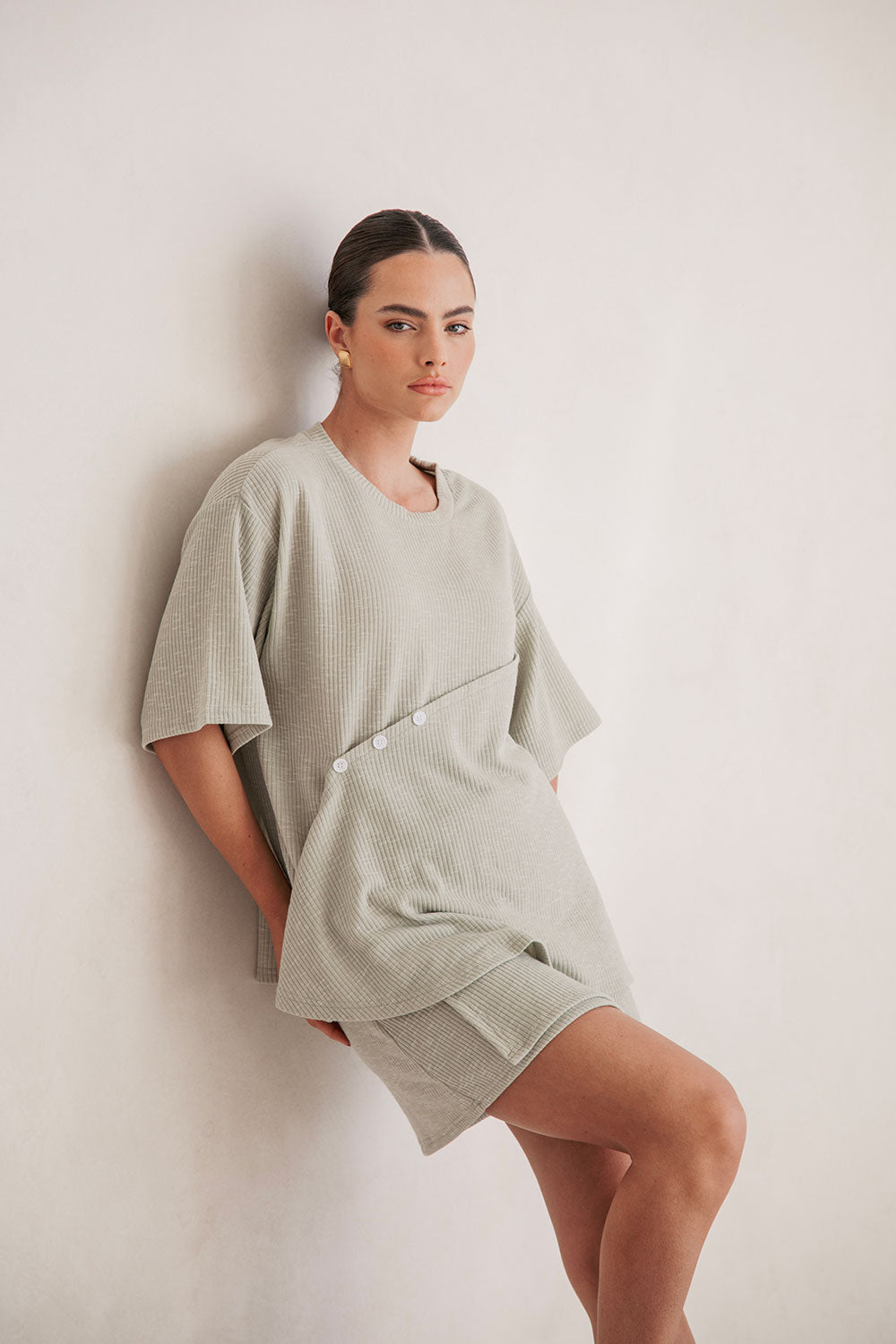 Soft Sage Ribbed High-Waisted Wrap-Front Button Mini Anya Skirt