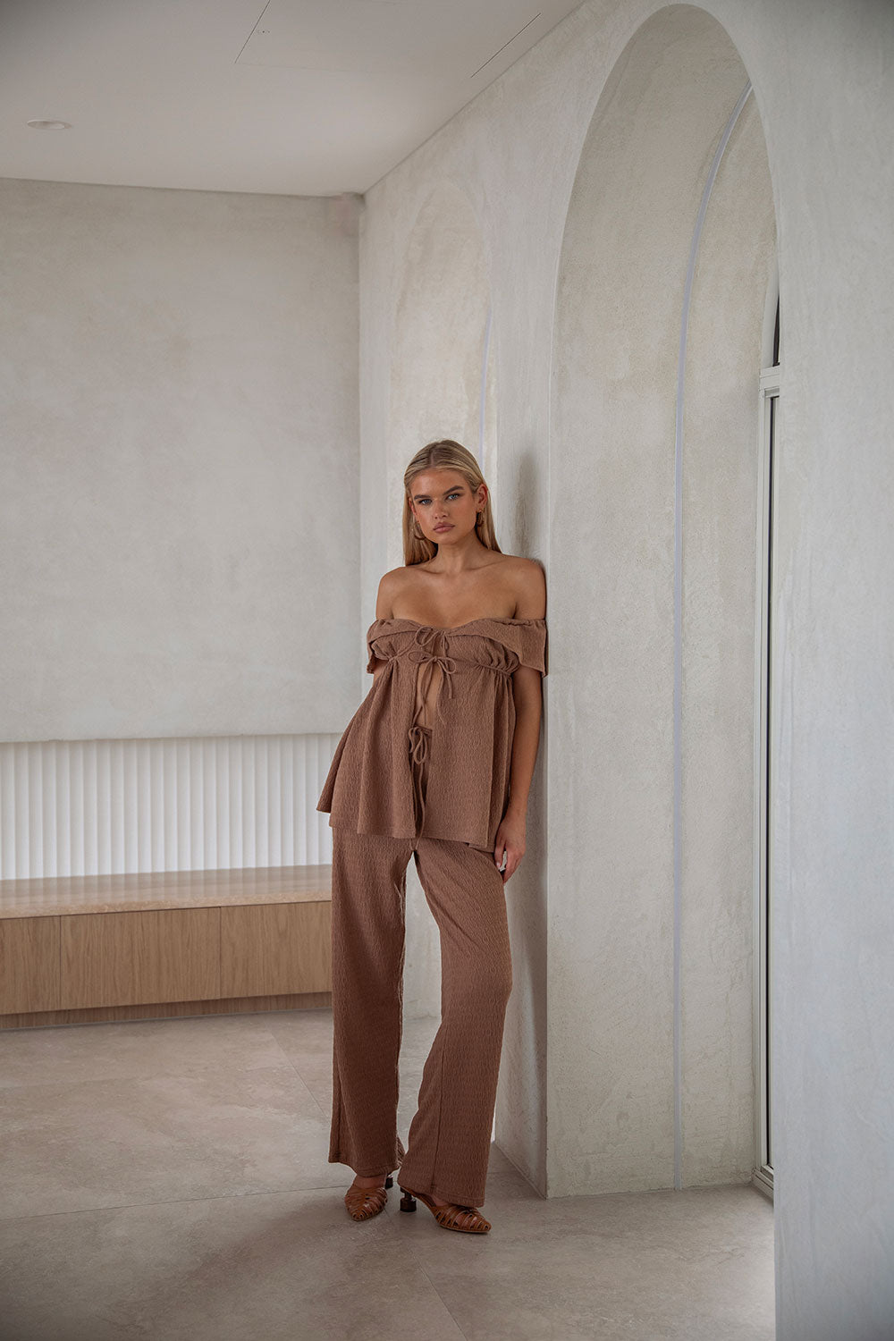 Chocolate Textured High Waisted Kala Pants with Drawstring