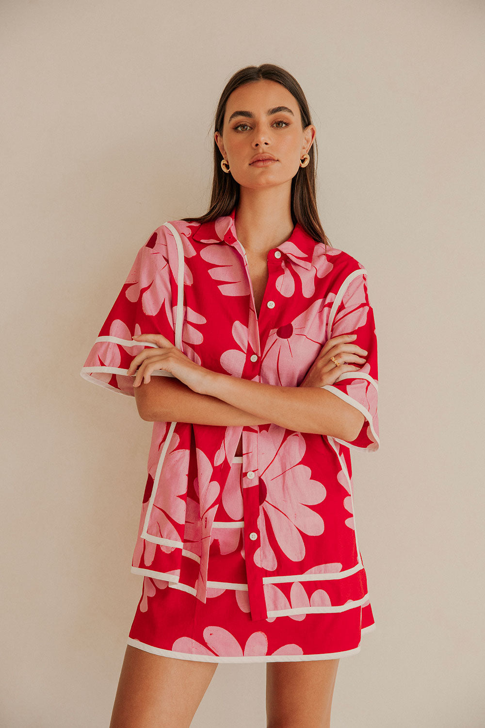 Exclusive Daisy Red Print Bowie Top - High - Quality Linen Cotton Blend