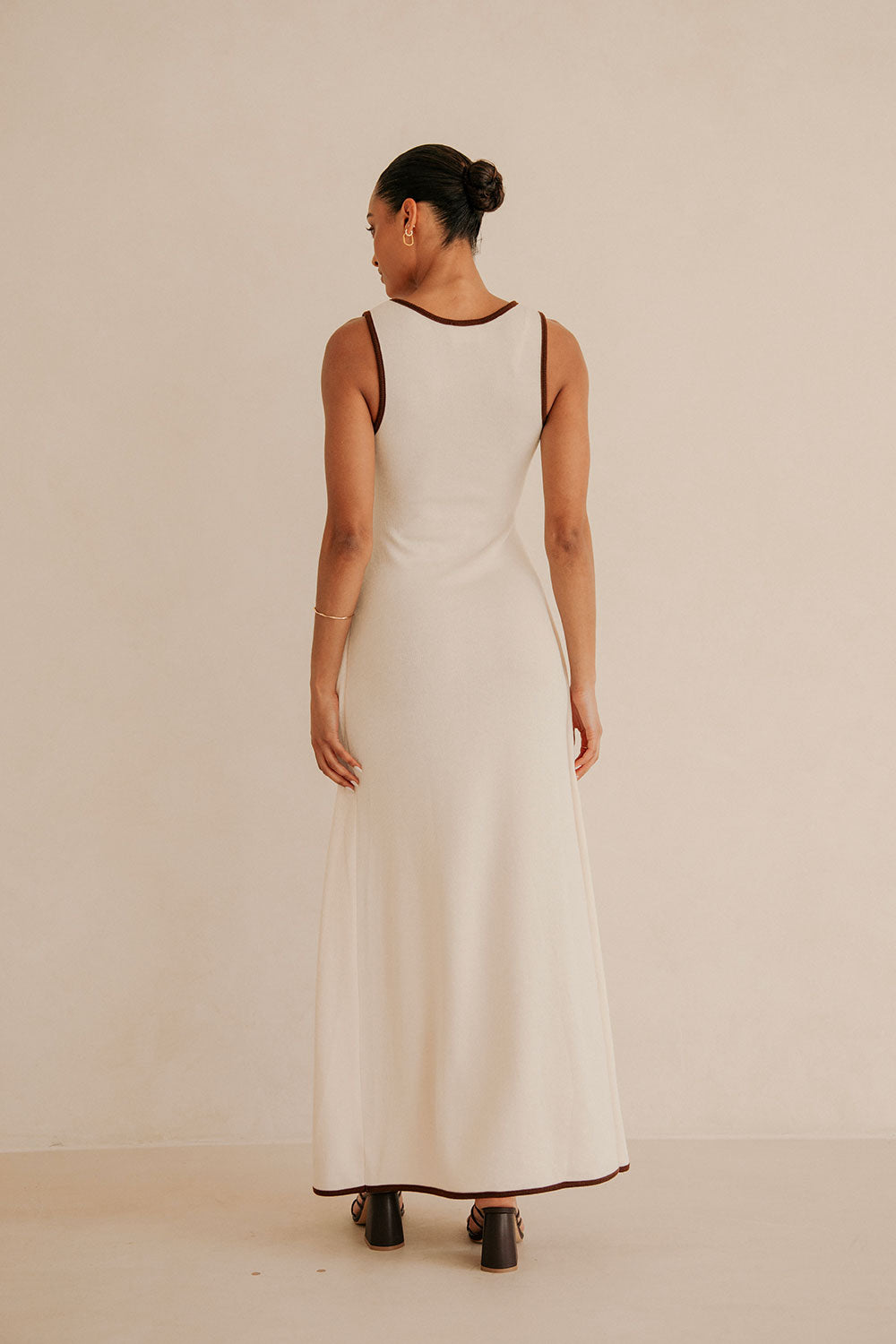 Elegant Creamy Beige Jazmin Maxi Dress with Brown Bind Details