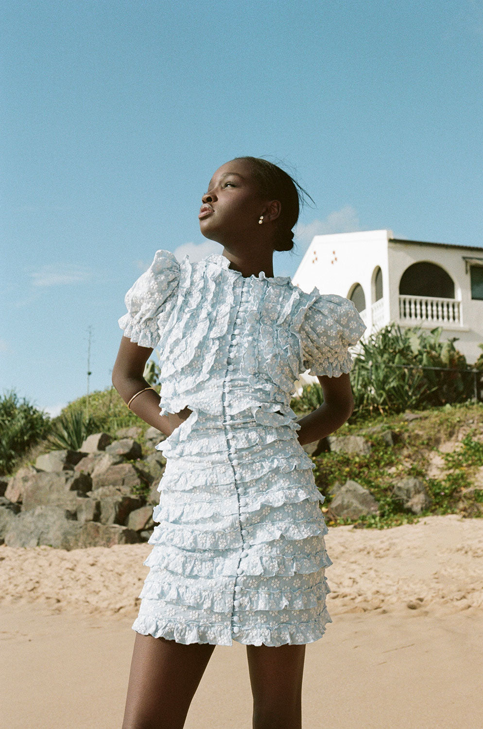 Blue Cotton Mini Cilia Dress with White Embroidered Flowers