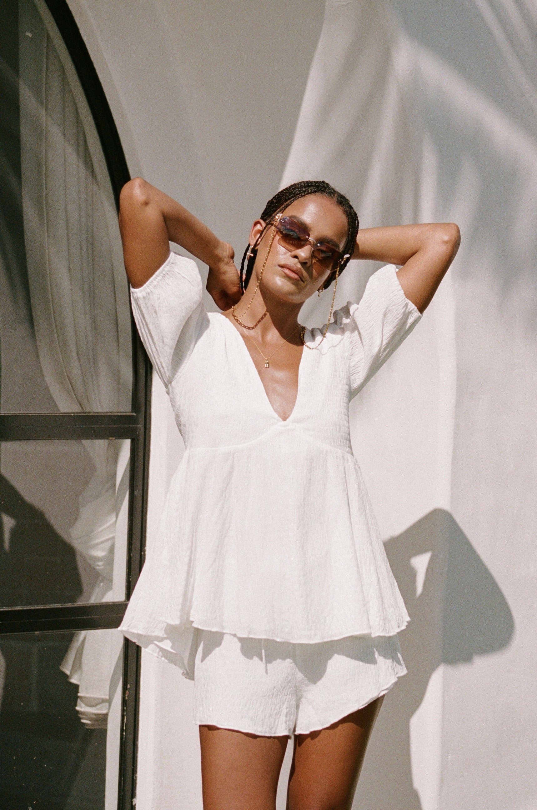 Lightweight White Textured Crepe Journee High - Waisted Shorts