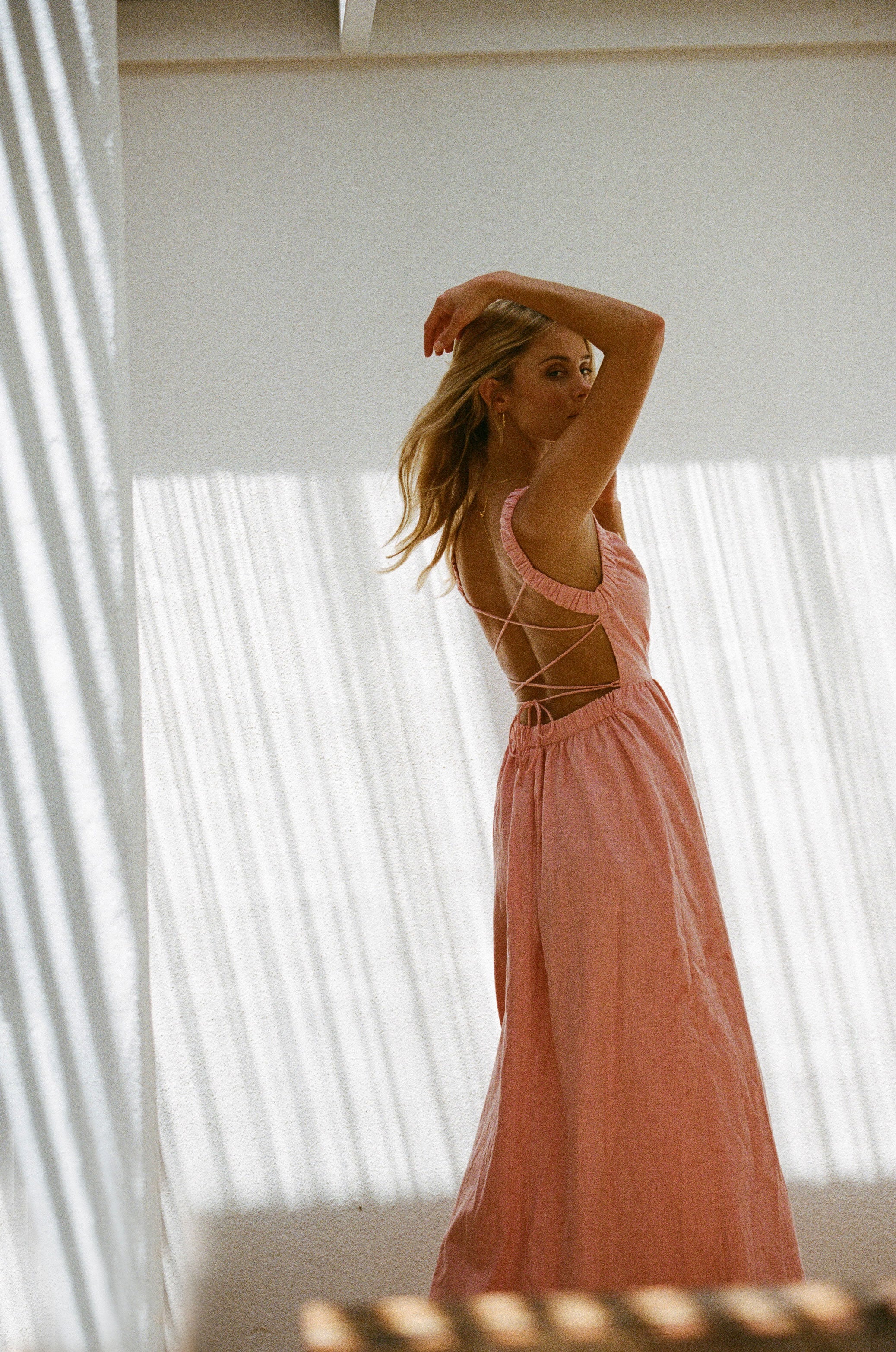 Feminine Pink High - Quality Cotton Backless Midi Dress Named Sondra