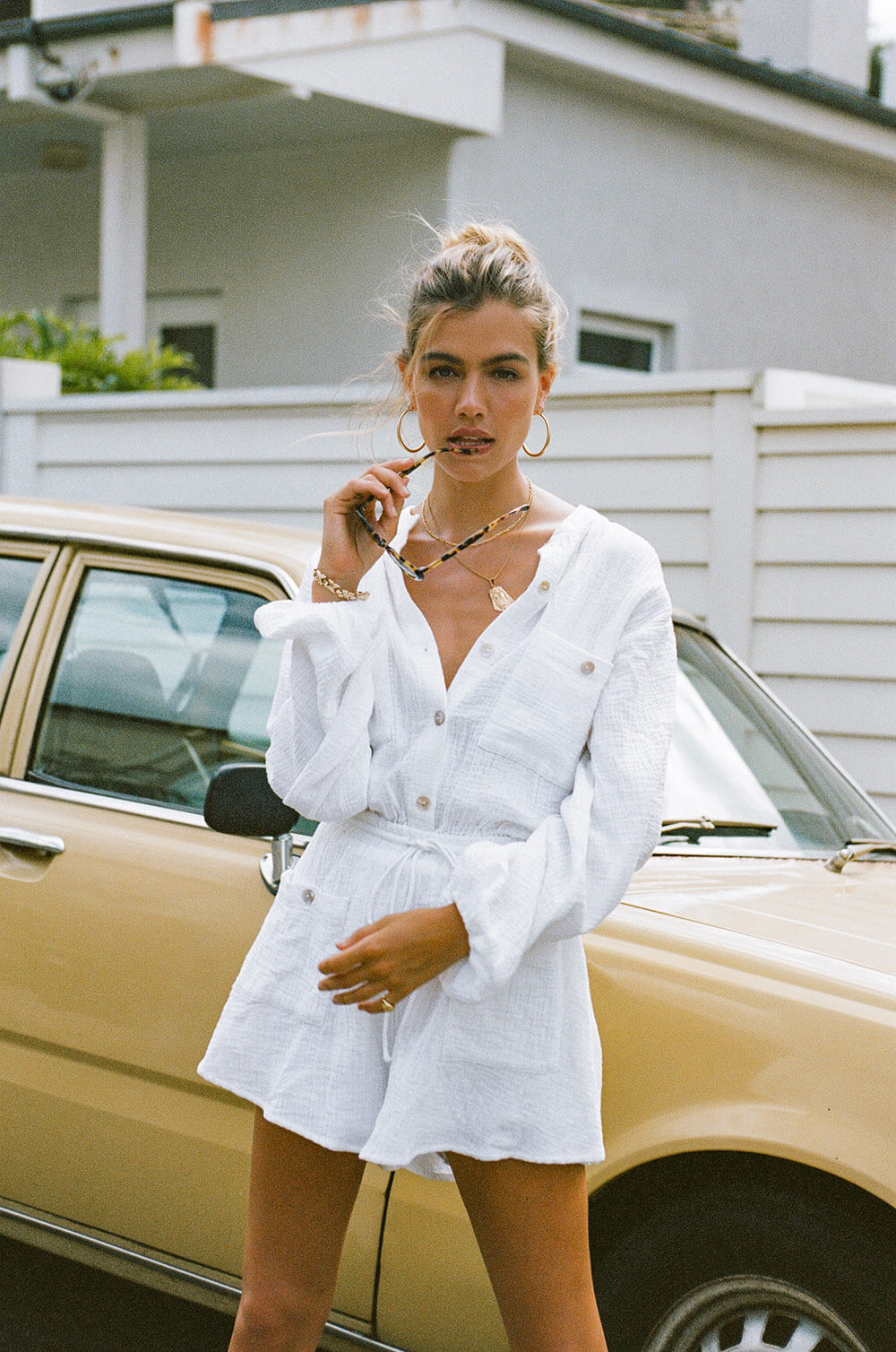 Estelle White Textured Cotton One - piece Playsuit for Easy Wear