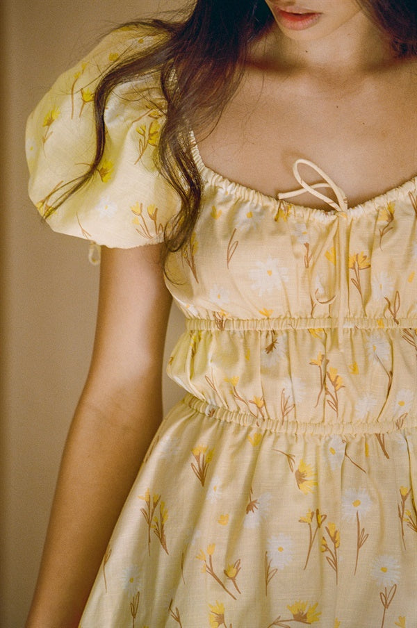 Exclusive Natural Yellow Cotton Floral Print Milota Women's Dress