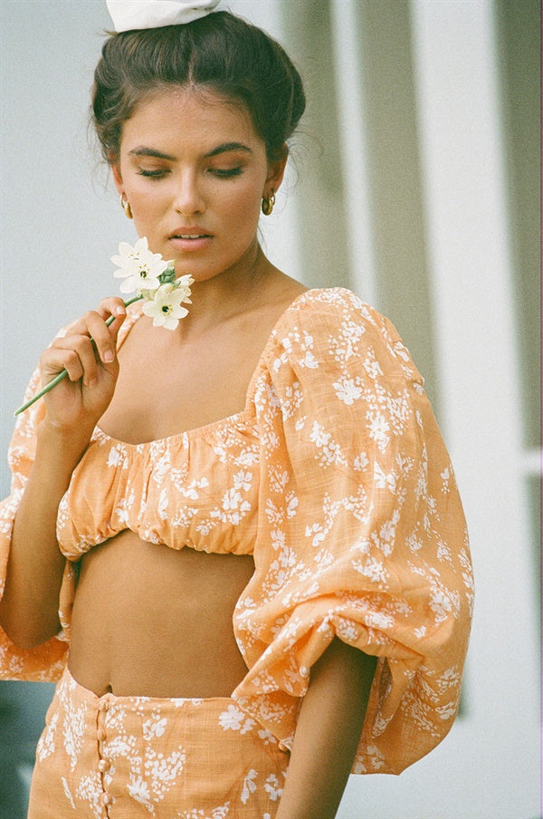 Sabo-Designed Orange Speckled Floral Print Jazmin Bandeau Summer Party Top